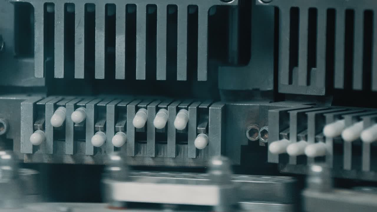 White capsules moving through metal manufacturing machinery