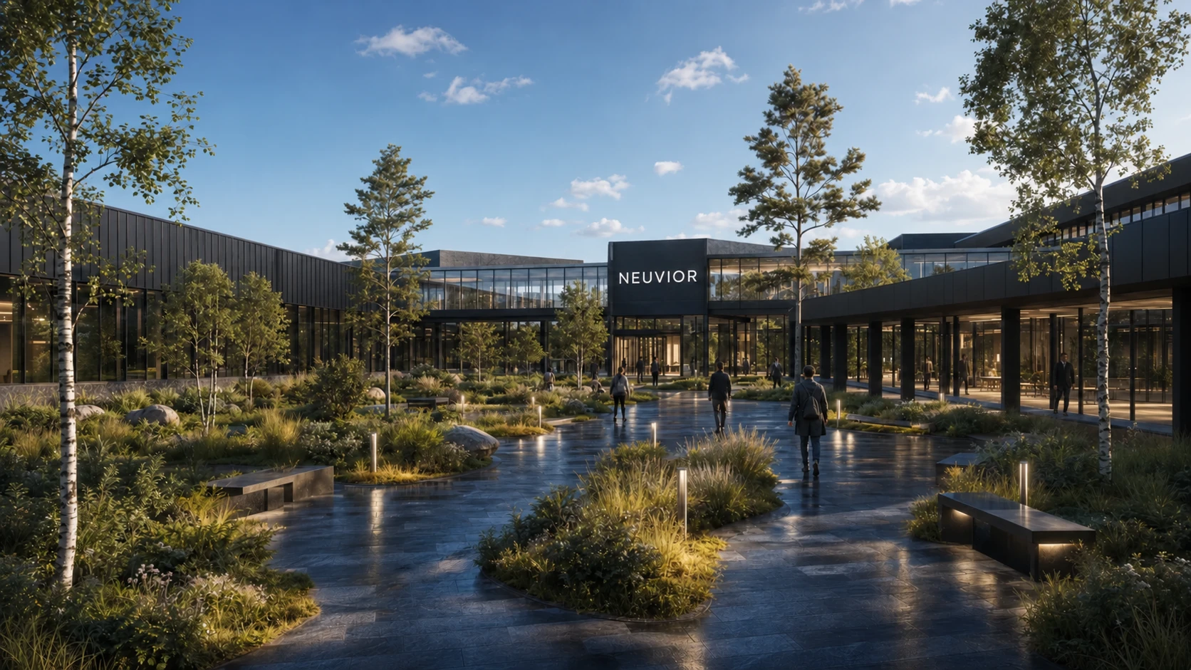 Illustrative sunny courtyard within a black connected Scotland campus concept, with deliberate NEUVIOR environmental signage