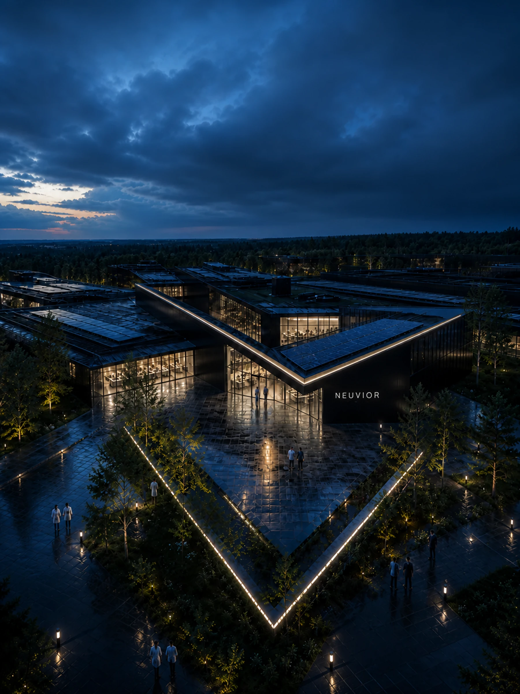 AI-generated blue-hour aerial of a black connected V-shaped Scotland campus concept with illustrative NEUVIOR environmental signage
