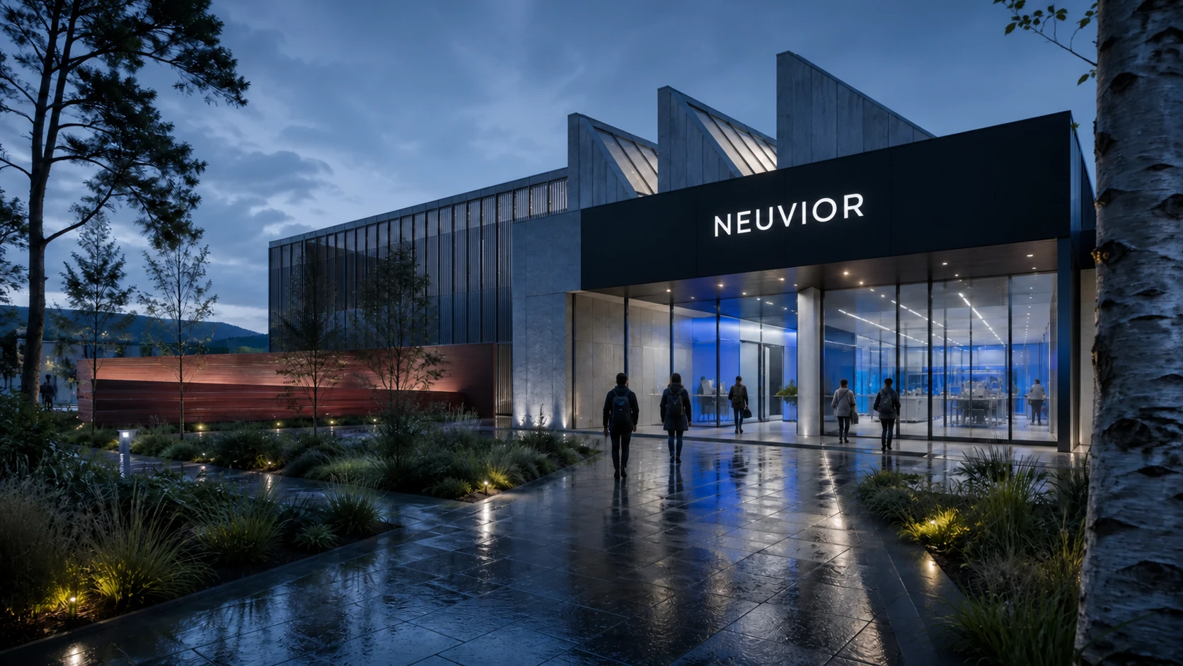 Illustrative Glasgow building entrance with exact NEUVIOR environmental signage