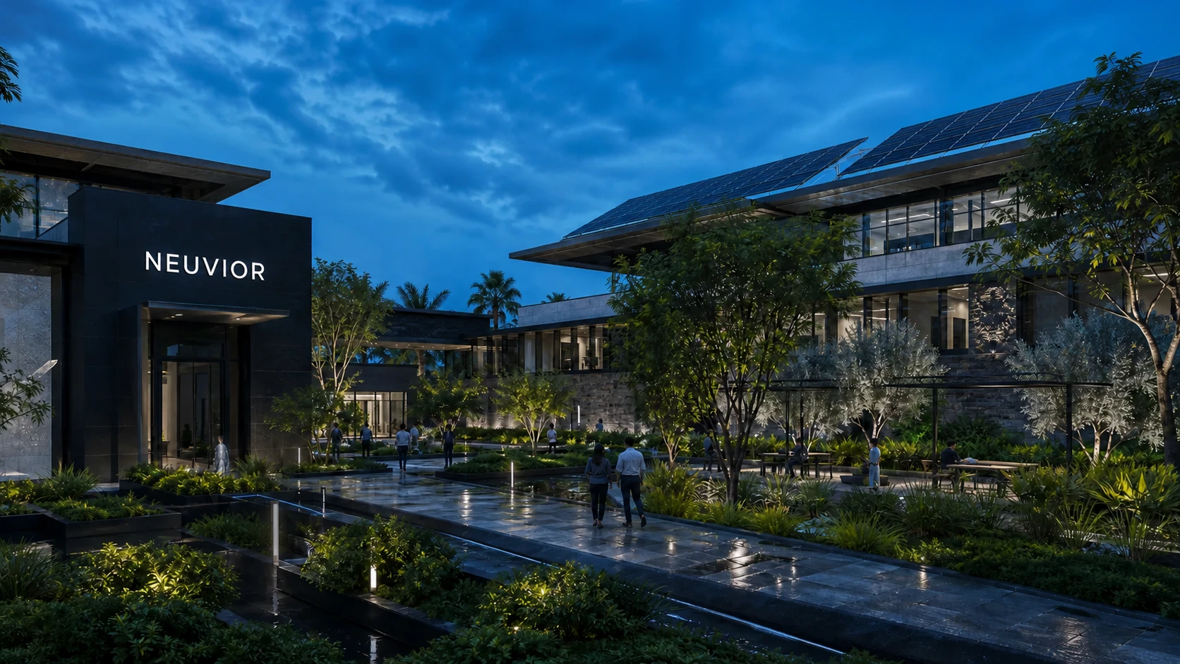 Illustrative Hyderabad garden entrance with exact NEUVIOR environmental signage
